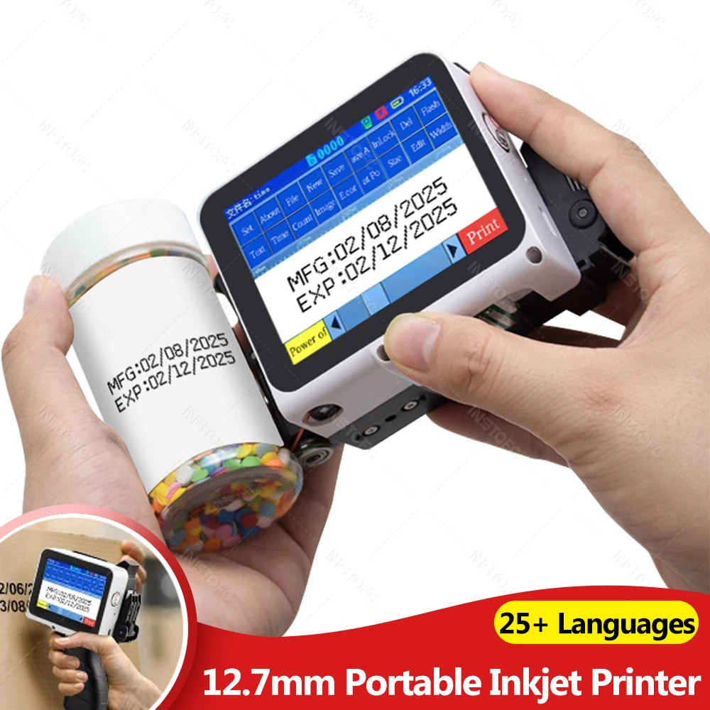 12.7mm Mini Portable Inkjet Printer with Grips 28 Languages Coding Machine for Plastic Text Label Batch Number Logo Date Print