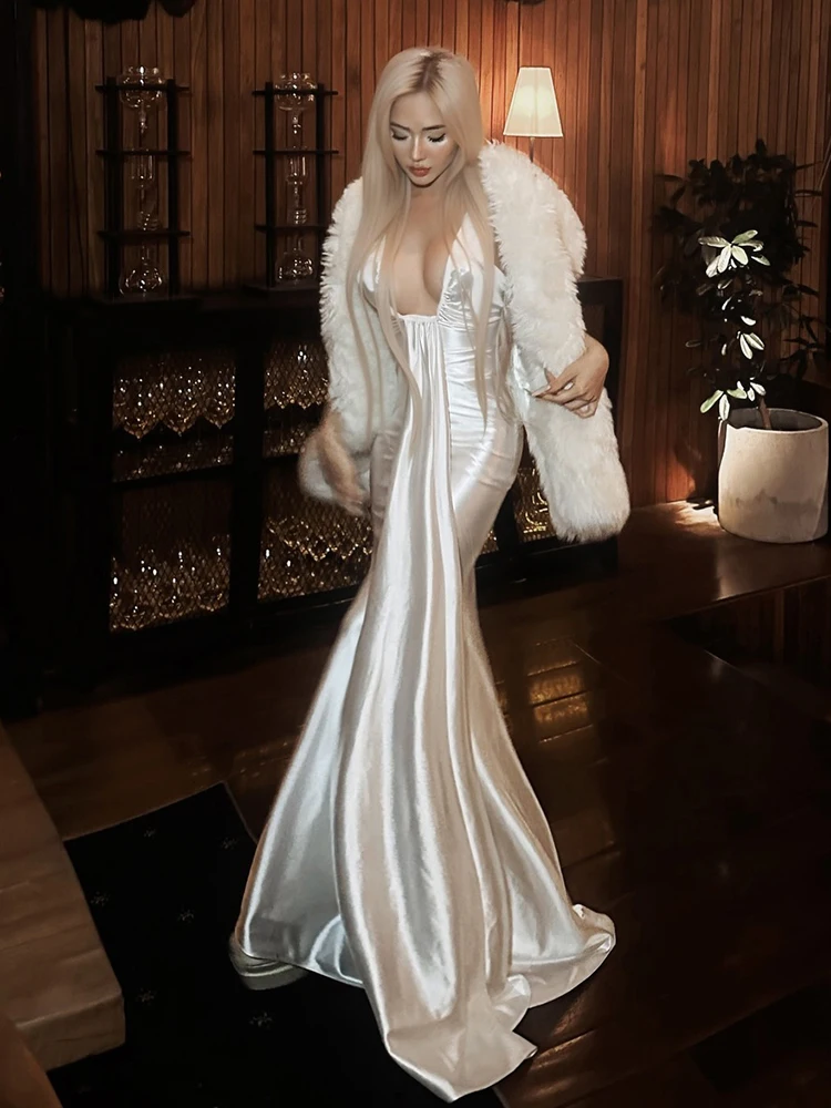 Nibber Low Neck Banquet Halter Satin Dress Women Elegant Sexy Ruched Backless Party Gown Clubwear Stretch Trend Long Bodycon