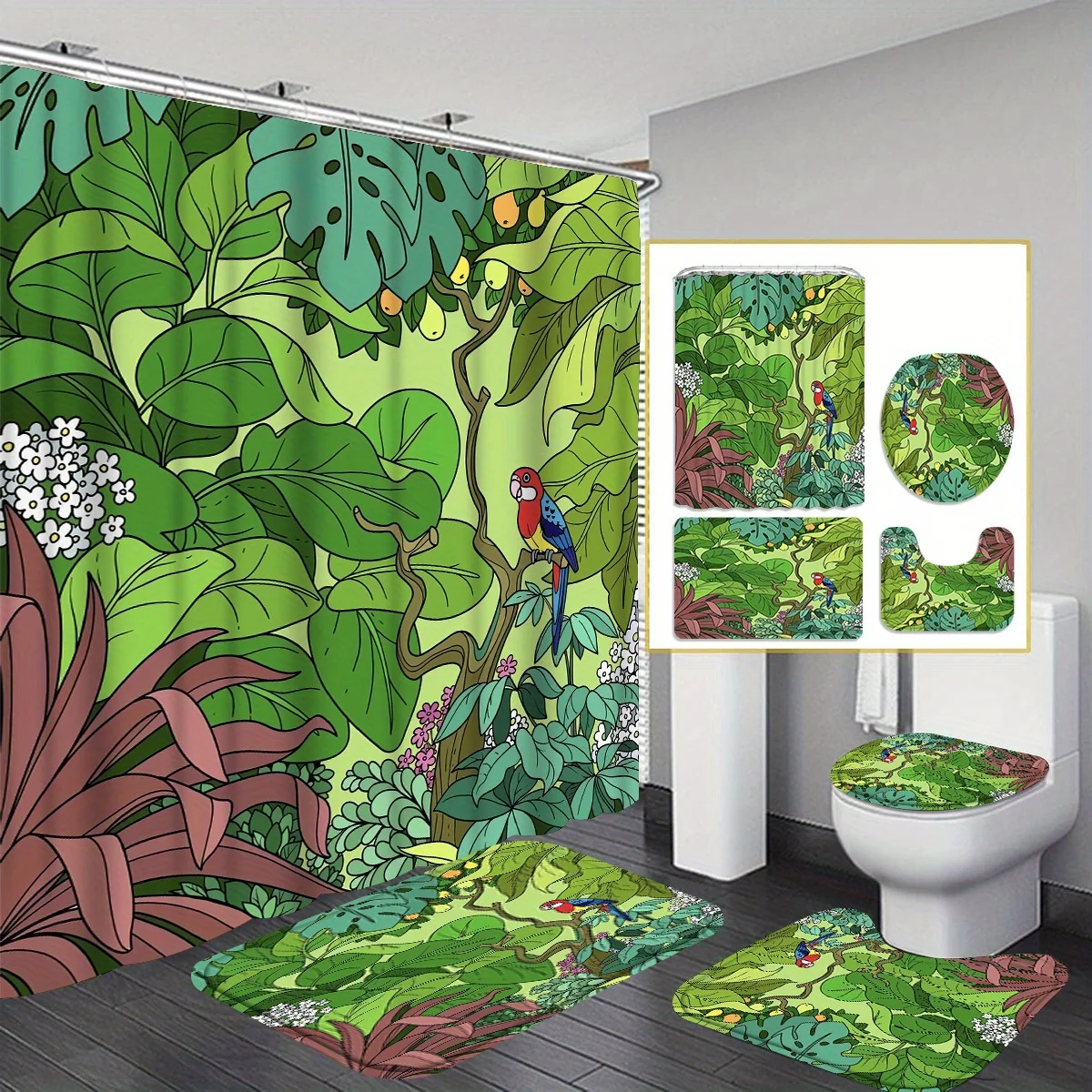 

4pcs shower curtain Bathtub Curtain, Shower Curtain with 12 Hooks, Bath Blanket, Toilet U-shaped Mat, Toilet Lid