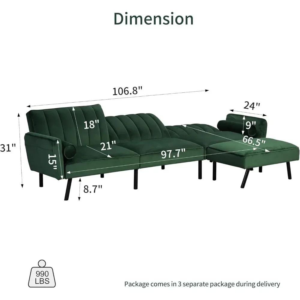 Velvet Sectional Convertible Sofa with Chaise, 106.5