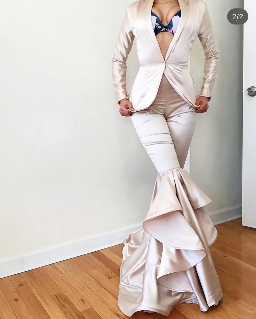 2 Sztuki Sukienek na Bal Maturalny w Kolorze Szampana z Rękawami, Długie Spodnie, Sukienka Formalna, Spodnie Syreny, Marynarka, Damski Strój, Długość do Podłogi