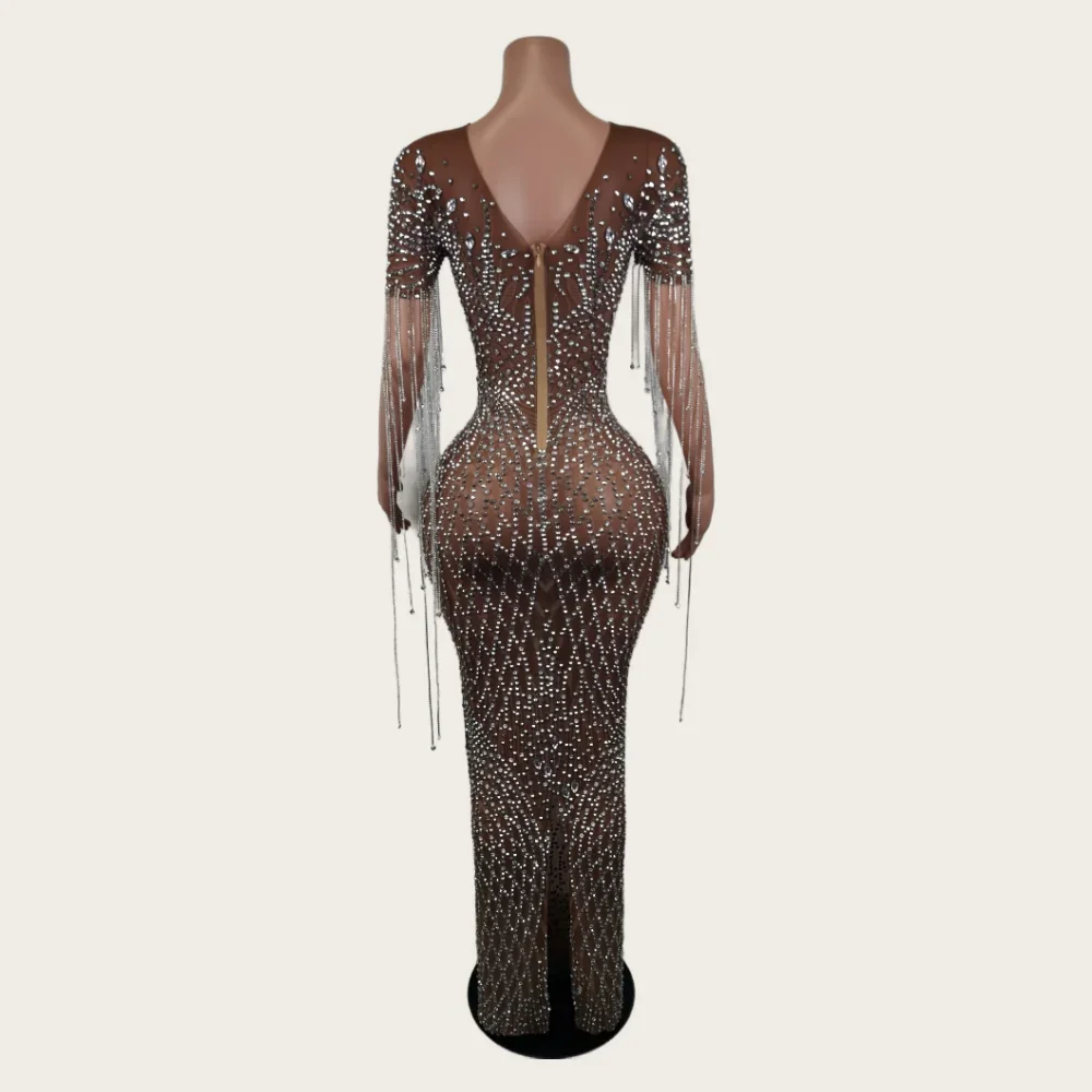 Mode Strass Fransen Transparent Mesh Stretch Kleid Abend Geburtstag Party Prom Feiern Outfit Sexy Bühne Show Kostüme