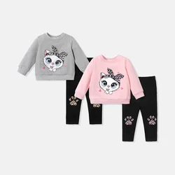 PatPat 2pcs Baby Girl Cat Embroidered Long-sleeve Sweatshirt and Pants Set Perfect for Outings and Daily Wear Basic Style