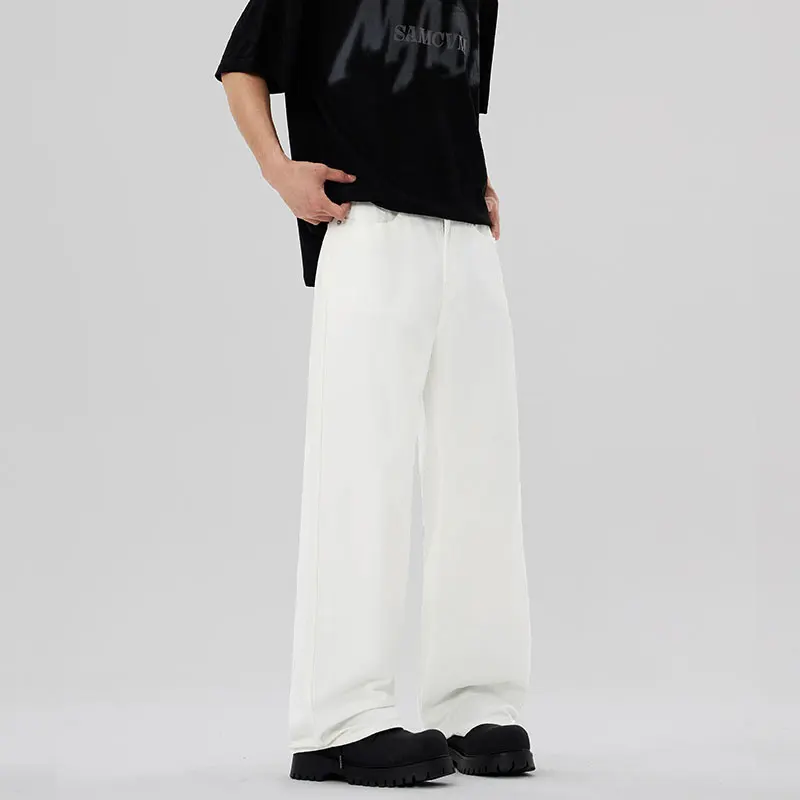 Zomer Roomwitte Jeans Heren Losse Straight Trend Koreaanse Street Fashion Pure Kleur Casual Veelzijdige Wijde Pijpen Broek