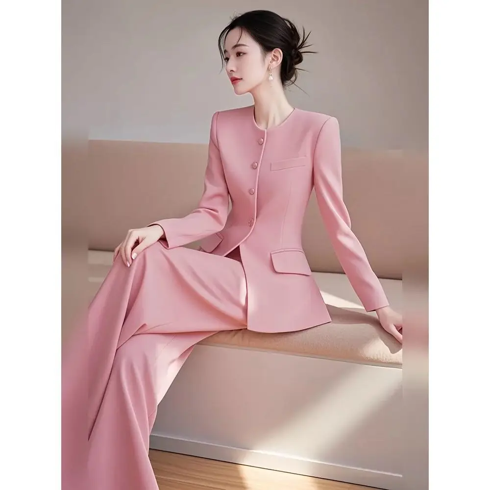 

New Autumn Women's Suit High End Fashion O-neck Long Sleeve Blazer Top + High Waist Wide Leg Pants Suit Elegant Office Lady