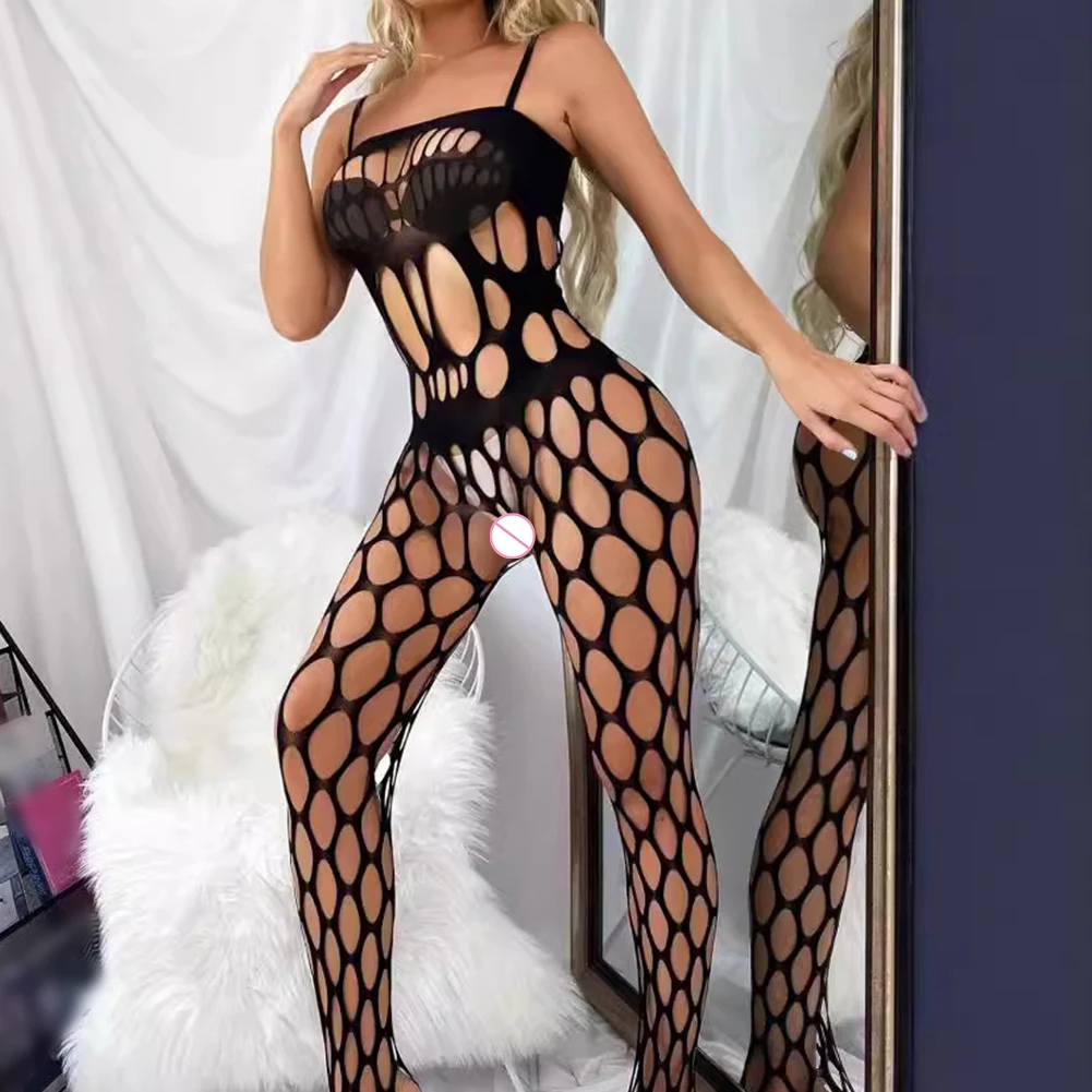 Sexy Hollow Fishnet Teddies Bodysuit Women Erotic Crotchless Lingerie Full Sleeve Bodystockings Mesh Perspective Teddy Bodysuits