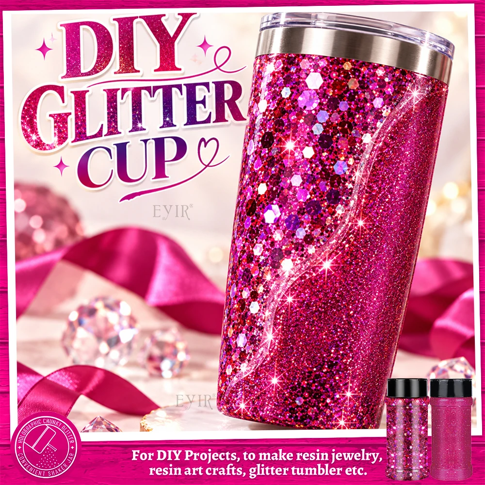 EYIR 2PCS Red Purple Holographic Glitter Set 80g Fine Glitter 50g Chunky Glitter Flakes for Resin Tumblers Nail Art DIY Crafts