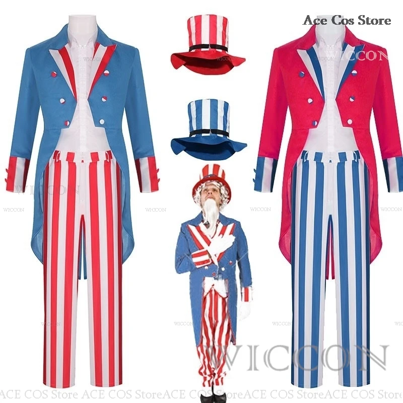 

Us Cosplay Costume Halloween Party Uncle Sam Cosplay Mens Suit Independence Day Stars Stripes American Country Roleplay Tuxedo