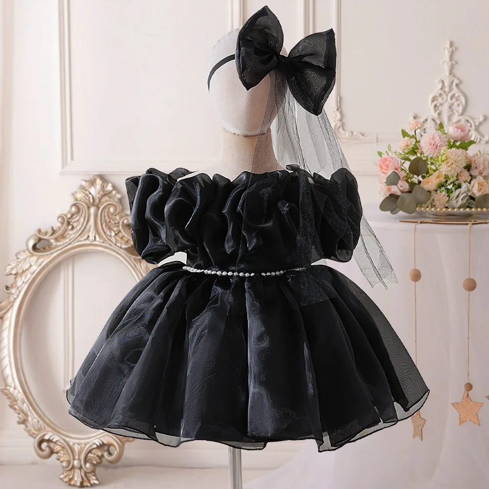 

Toddler Girls Black Ruffled Organza Princess Dress With Veil Headband For Kids Birthday Pageant Elegant Party Halloween Gown