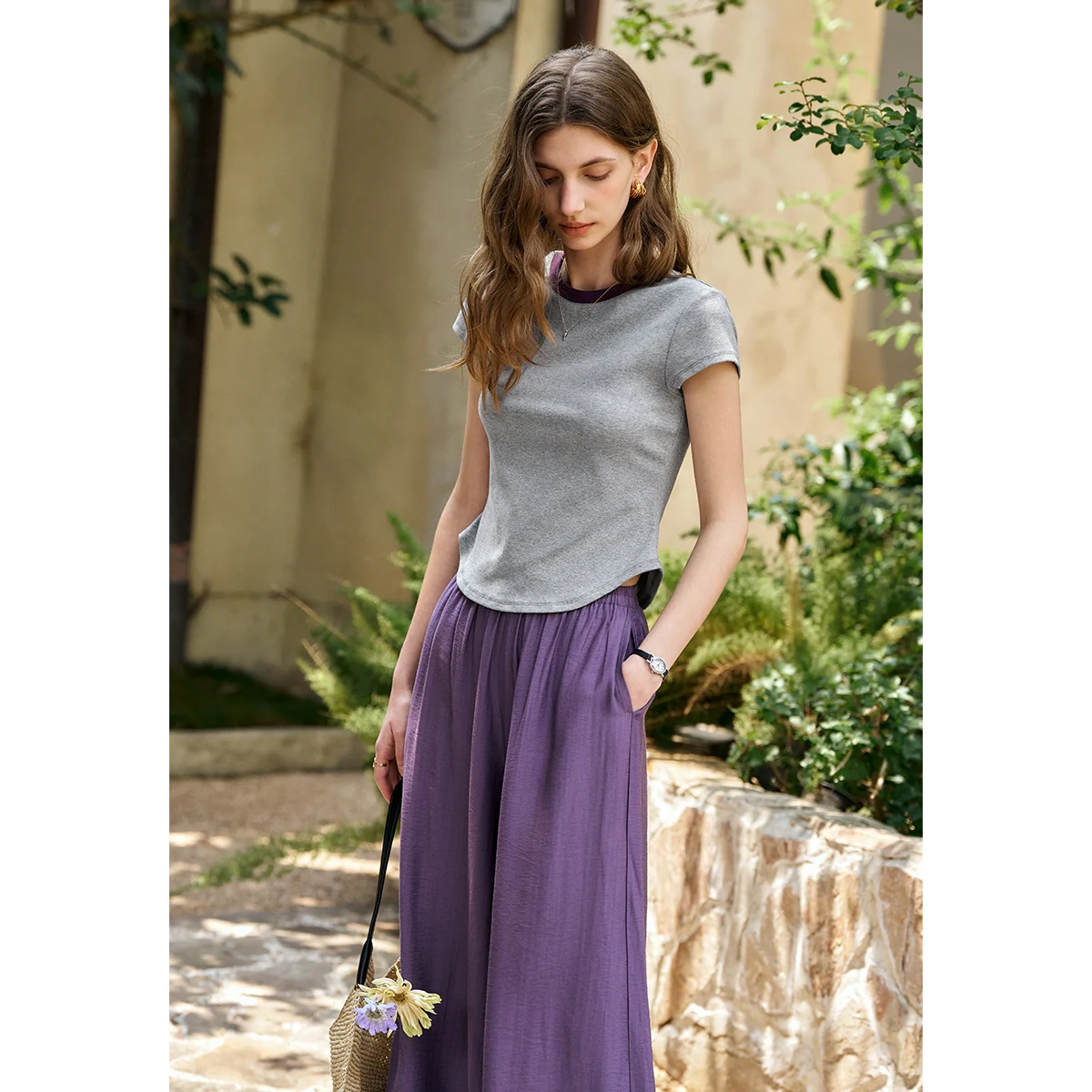 OLrain Women Casual Two Piece Pants Set 2025 Woman Gray Fitted T-shirt Purple Slouchy Pant Summer Outfits Ladies Suit O57XE98283
