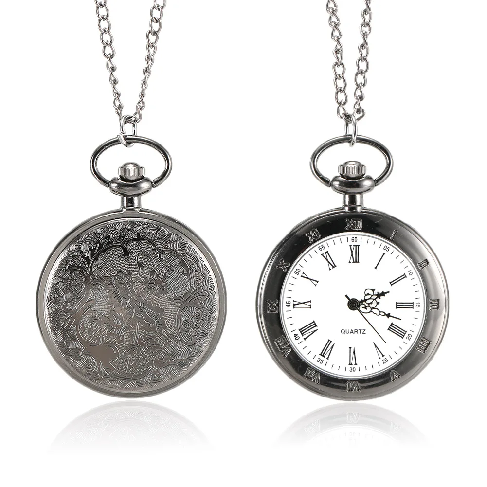 1 Pcs Men Women Quartz Pocket Watch Roman Numerals Dial Carved Case with Chain