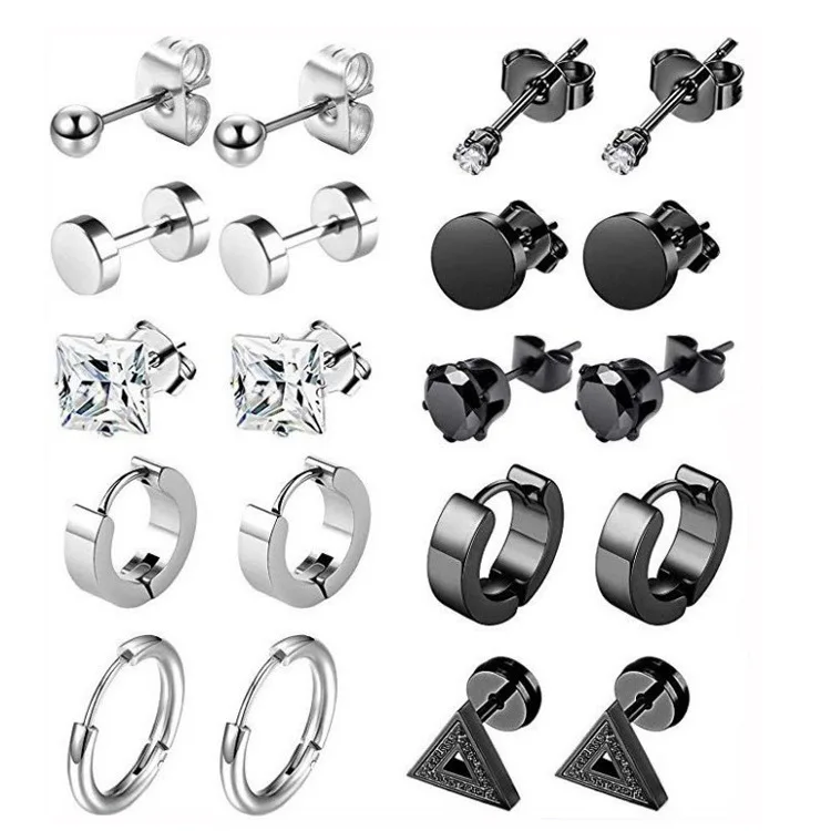 6/8/10/12/15 Pairs Stainless Steel Black Stud Earrings Men's Punk Earring Set Street Hip Hop Earrings Unisex Gift