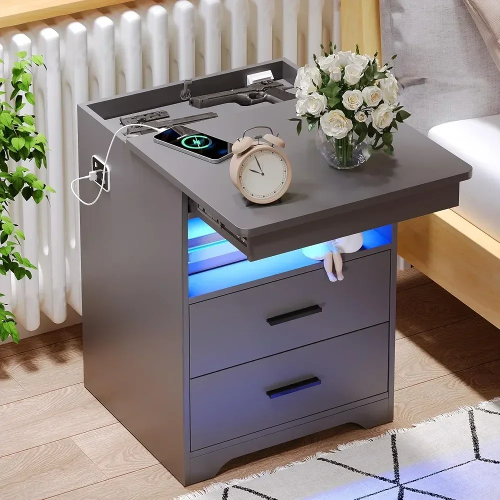 Nightstand with Gun Drawer, Charging Bedside Table with USB & Type-C Port, LED Night Stand with Human Sensor