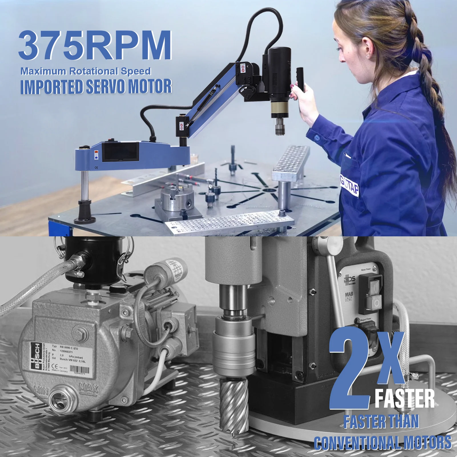 

Electric Tapping Machine Tapper Tapping Arm Universal 360 Degree 375RPM High Speed Tap Collets Included for Iron Copper Steel Aluminum Wood Nylon