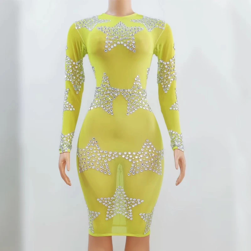 

6 Colors Stars Rhinestones Dress Women'S Long Sleeved Party Dress Evening Prom Dresses Stage Festival Outfit Gogo Costume XS6493