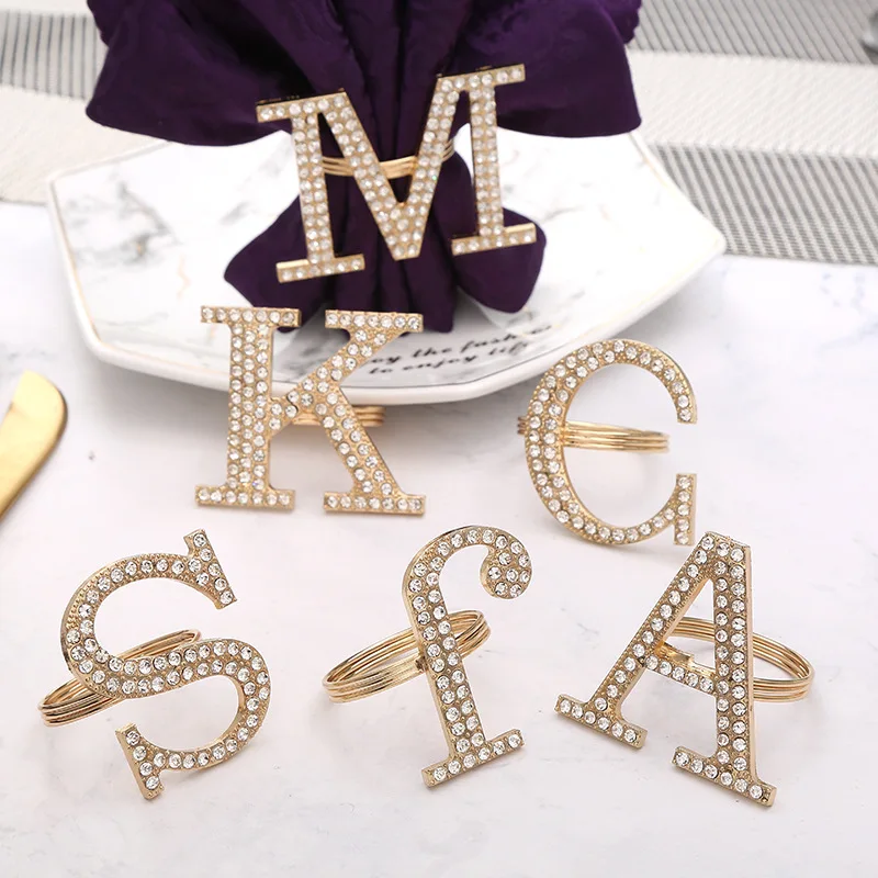 Creative A-Z Alphabet Letter Crystal Napkin Ring Rhinestone Buckle Holders For Wedding Party Festivals Dinner Table Decoration