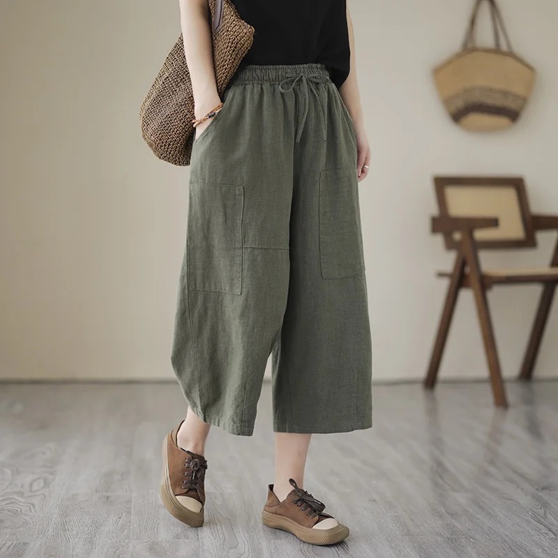 Pantalon à jambes larges en coton et lin pour femmes, taille élastique fine, amincissant, décontracté, ample, Tube droit, pour les déplacements, été