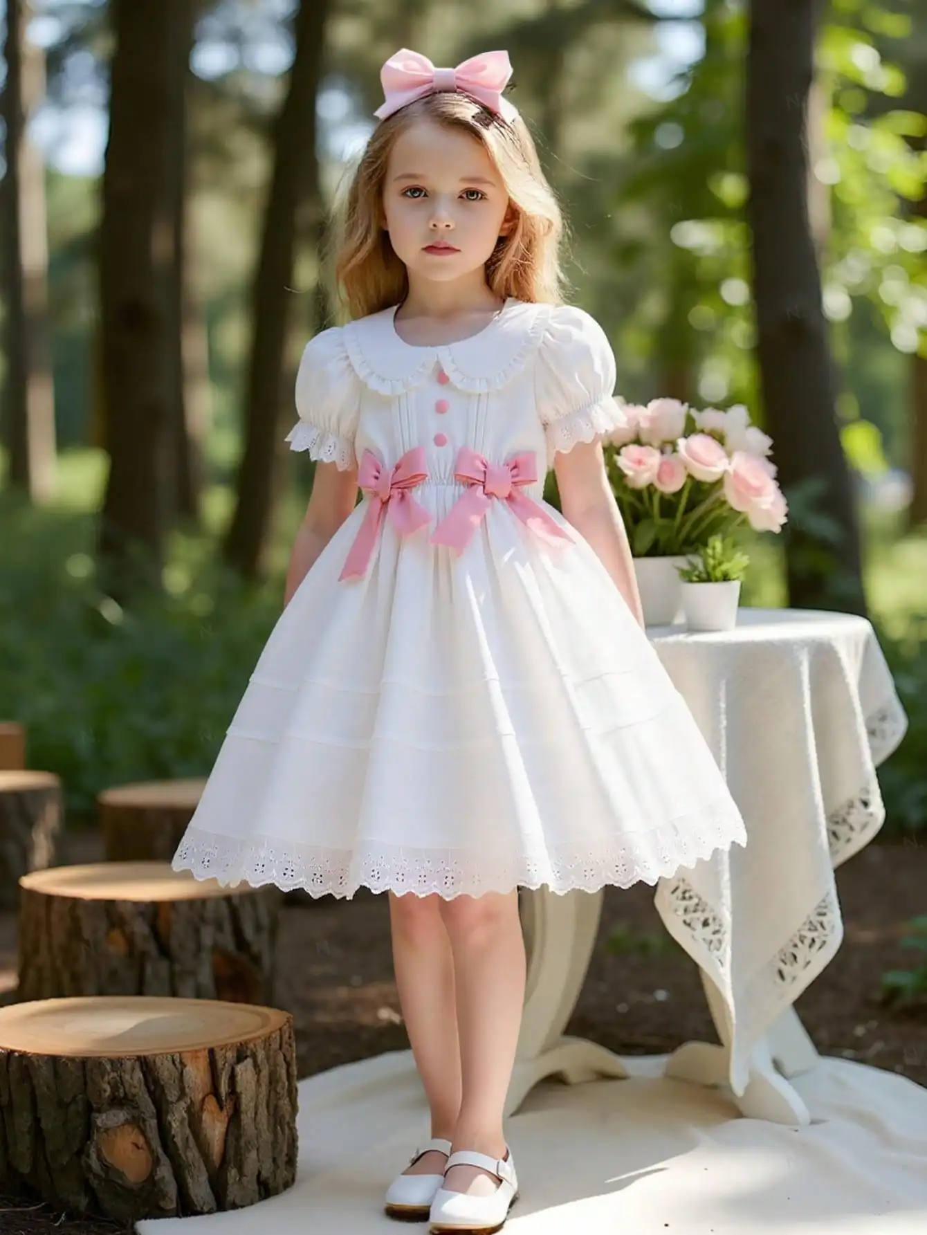 (7325) Romantic and Elegant White Princess-Style Dress for Little Girls, with Bow Embellishments, Stylish Puff Sleeve Design, Suitable for Birthday Parties, Holiday Events, and Photo Shoots. Suitable for Little Girls Aged 4-7, Spring and Summer.