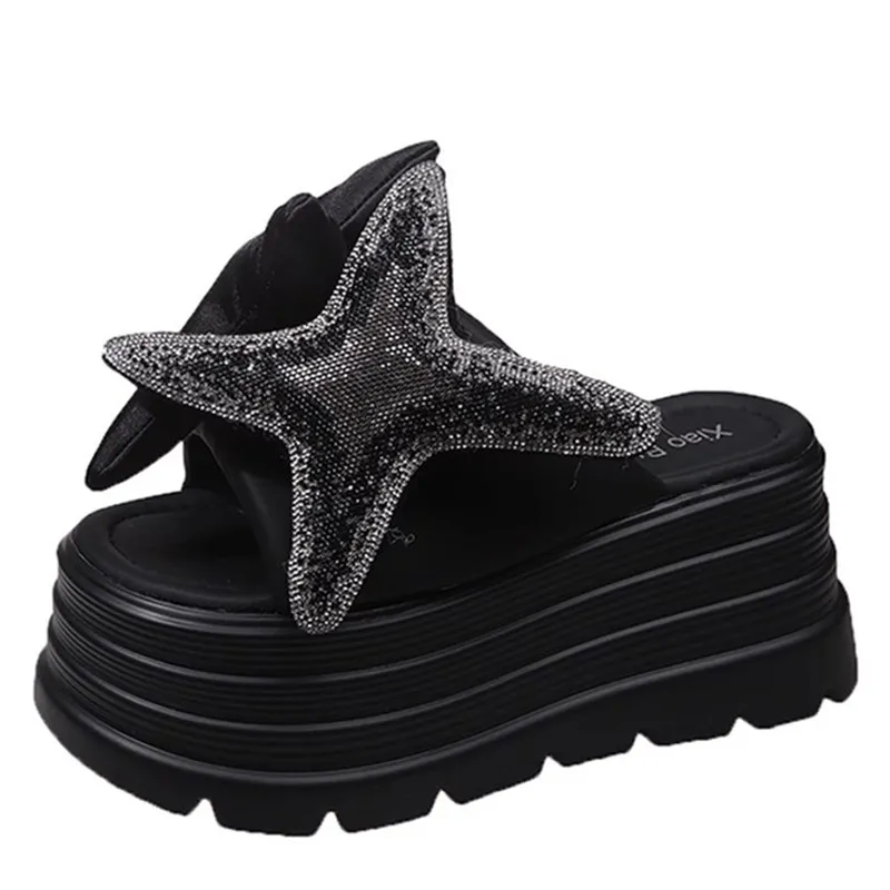 

8CM New 2025 Women Summer Bling Chunky Slippers High Platform Flip Flops Wedge Heels Slides Sweet Slip-on Sandals Beach Slippers