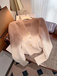 Coreano autunno donna contrasto colore cardigan monopetto scollo a v accogliente maglione manica a sbuffo capispalla lavorati a maglia moda Casual