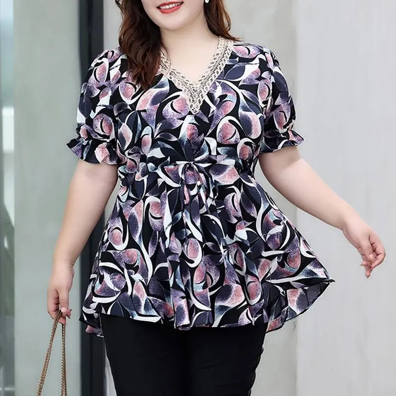 Female Clothing Casual Printed Blouse Elegant V-Neck Lace Spliced 2024 Summer Loose Casual Drawstring All-match Commute Shirt