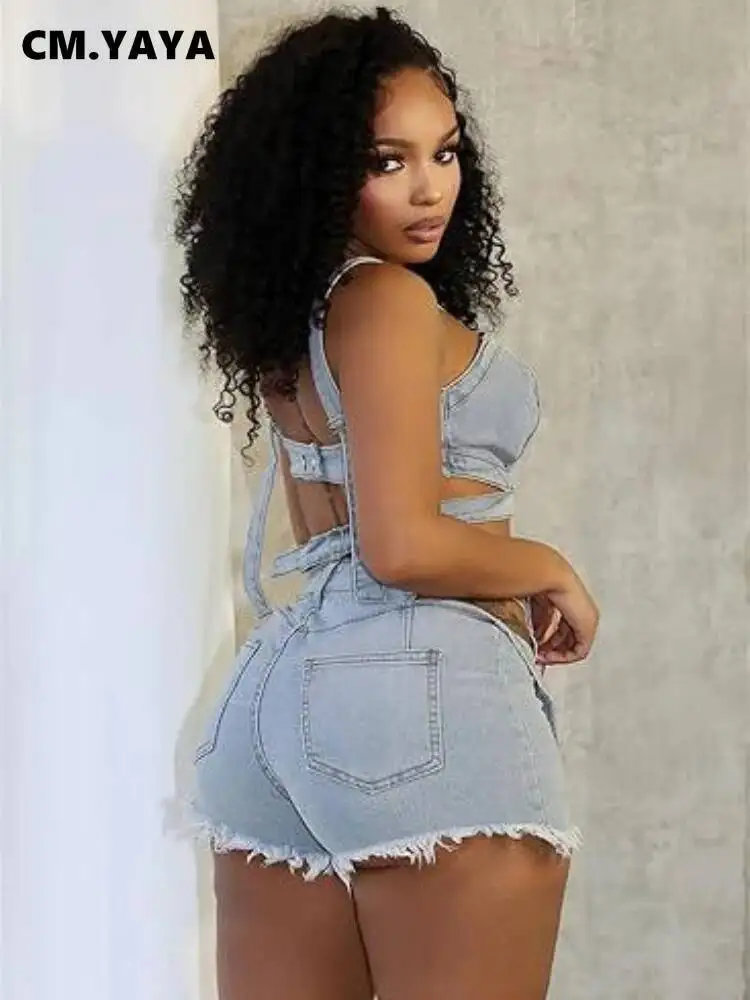 CM.YAYA Fashion Denim Cutout Women's Set Wrap Strap Crop Top And Shorts Jeans 2025 Summer Two 2 Piece Sets Outfits Tracksuit