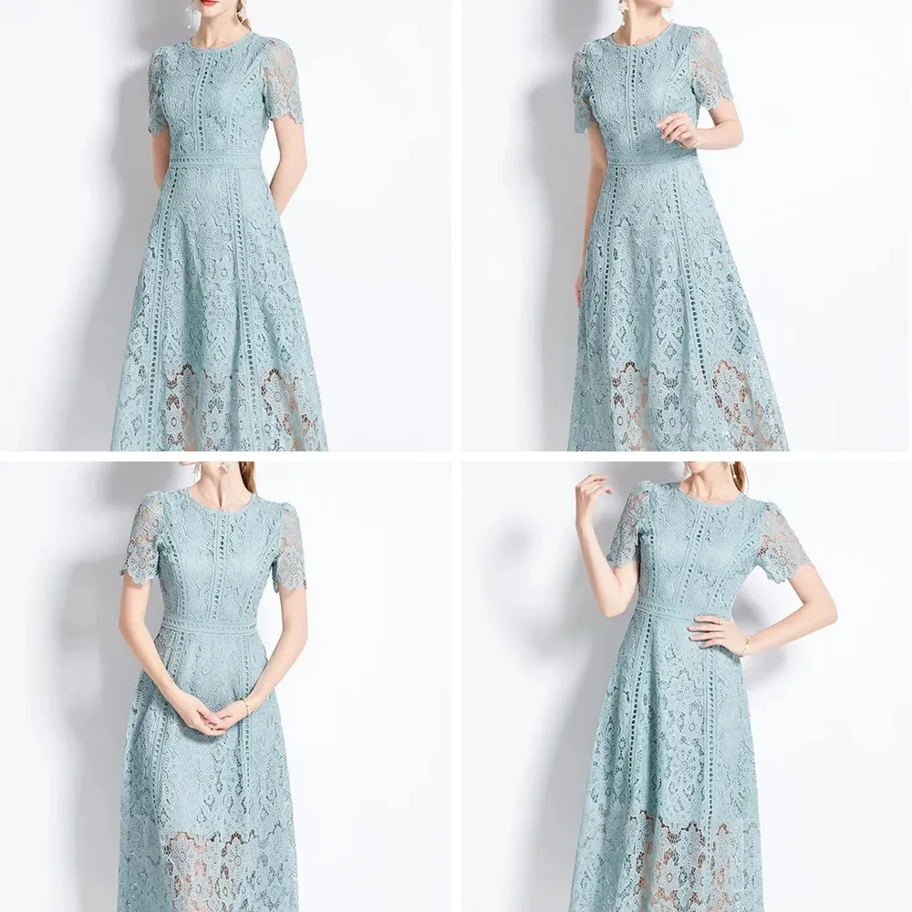 

Vintage Lace Hollow Out Prom Dress, Elegant Summer Long Dress with Short Sleeve for Women