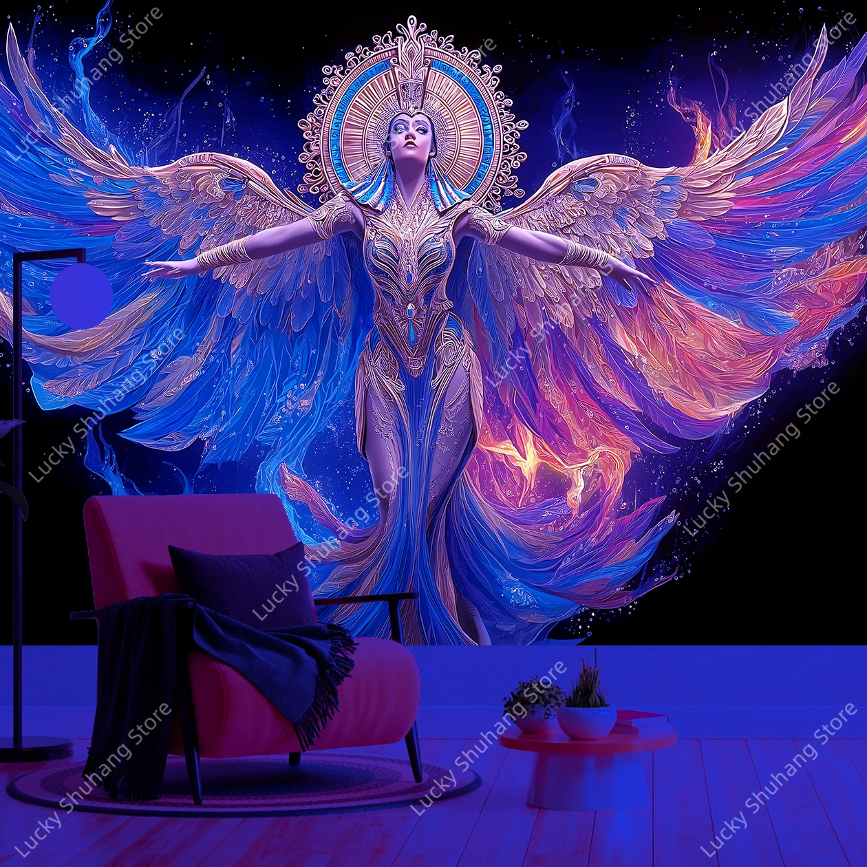 Mystical Winged Goddess UV Tapestry Vibrant Dual Tone Wings Mythical Art Wall Hanging for Bedroom Living Room Decor Fantasy Home
