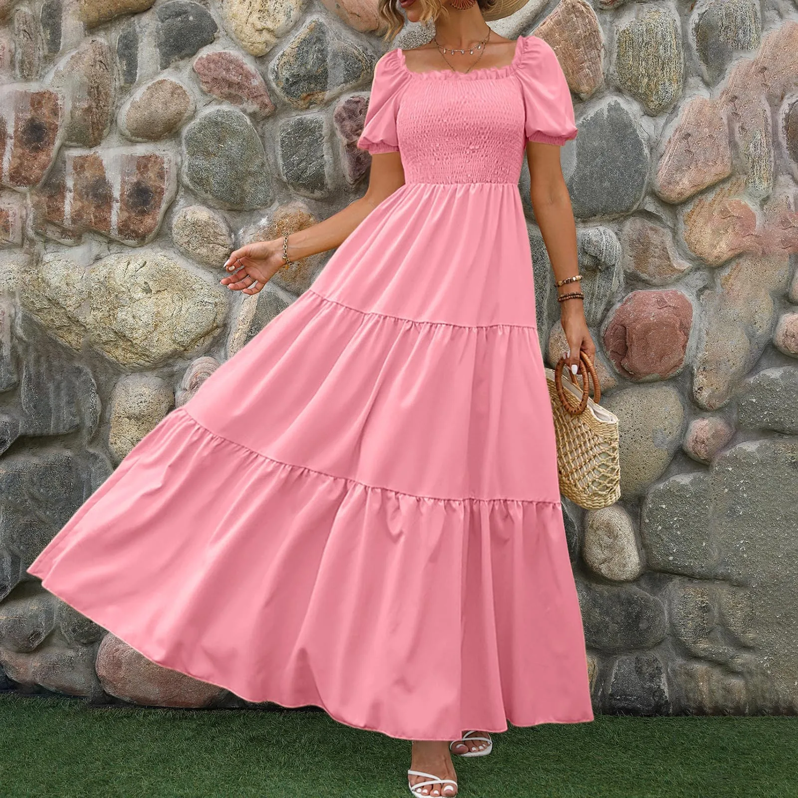 

Summer Puff Sleeve Maxi Dresses For Women 2024 Streetwear Plus Size Square Neck Backless Pleated Short Sleeve Long Dresses