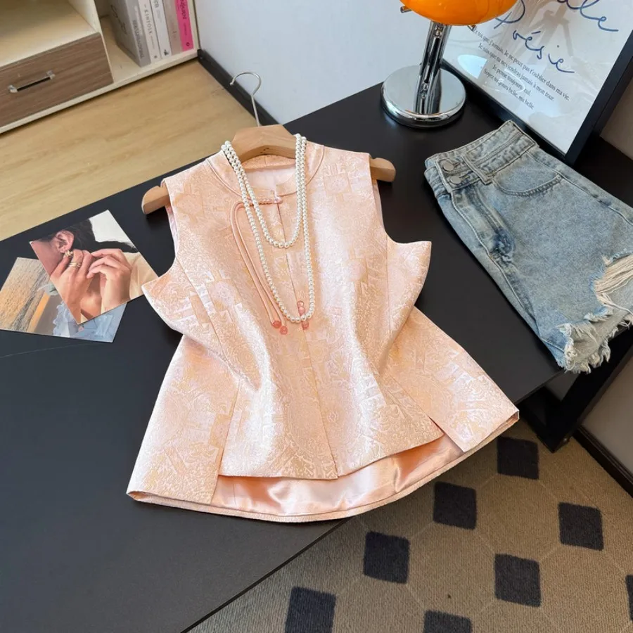 New Chinese Style Handmade Button up Small Stand Collar High End Embroidered Satin Vest Top Outerwear Women's Fashion