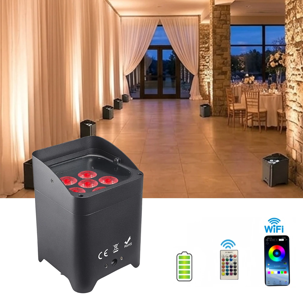 Battery Powered 6in1 Par Lights RGBWA+UV 6x18W Rechargeable Uplights Wireless DMX512 Stage Par Can For Wedding DJ Church Club