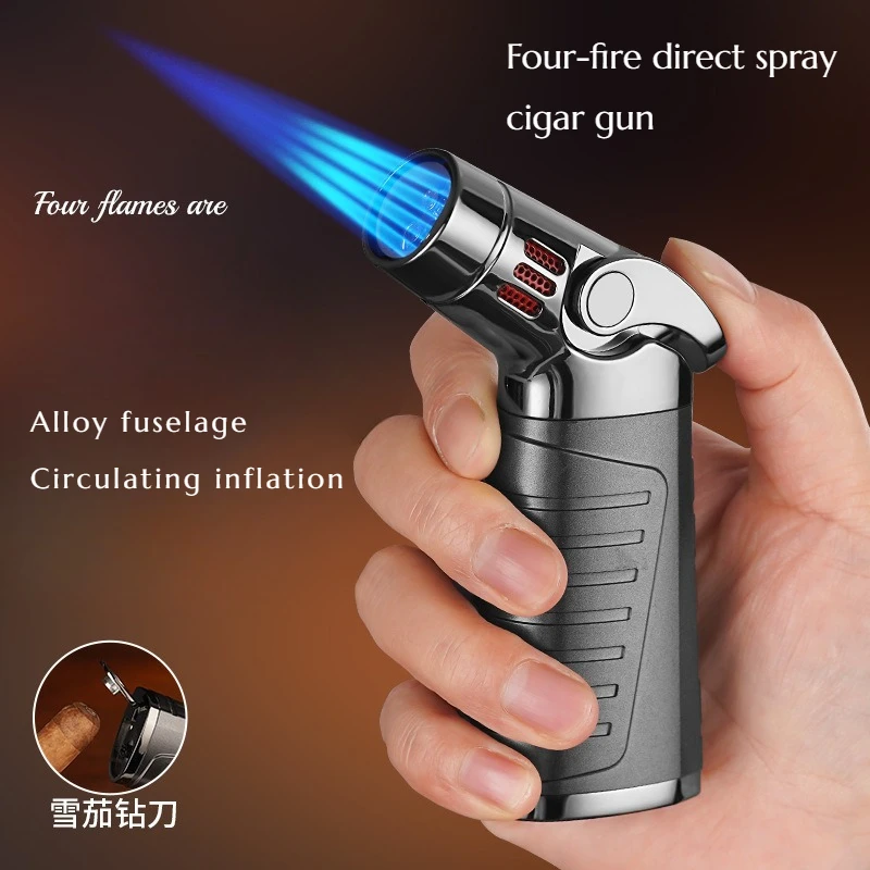 

Four-fire Direct Charge Cigar Windproof Lighter Inflatable Handheld Welding Torch Moxibustion Cigar Outdoor Spray Gun Igniter