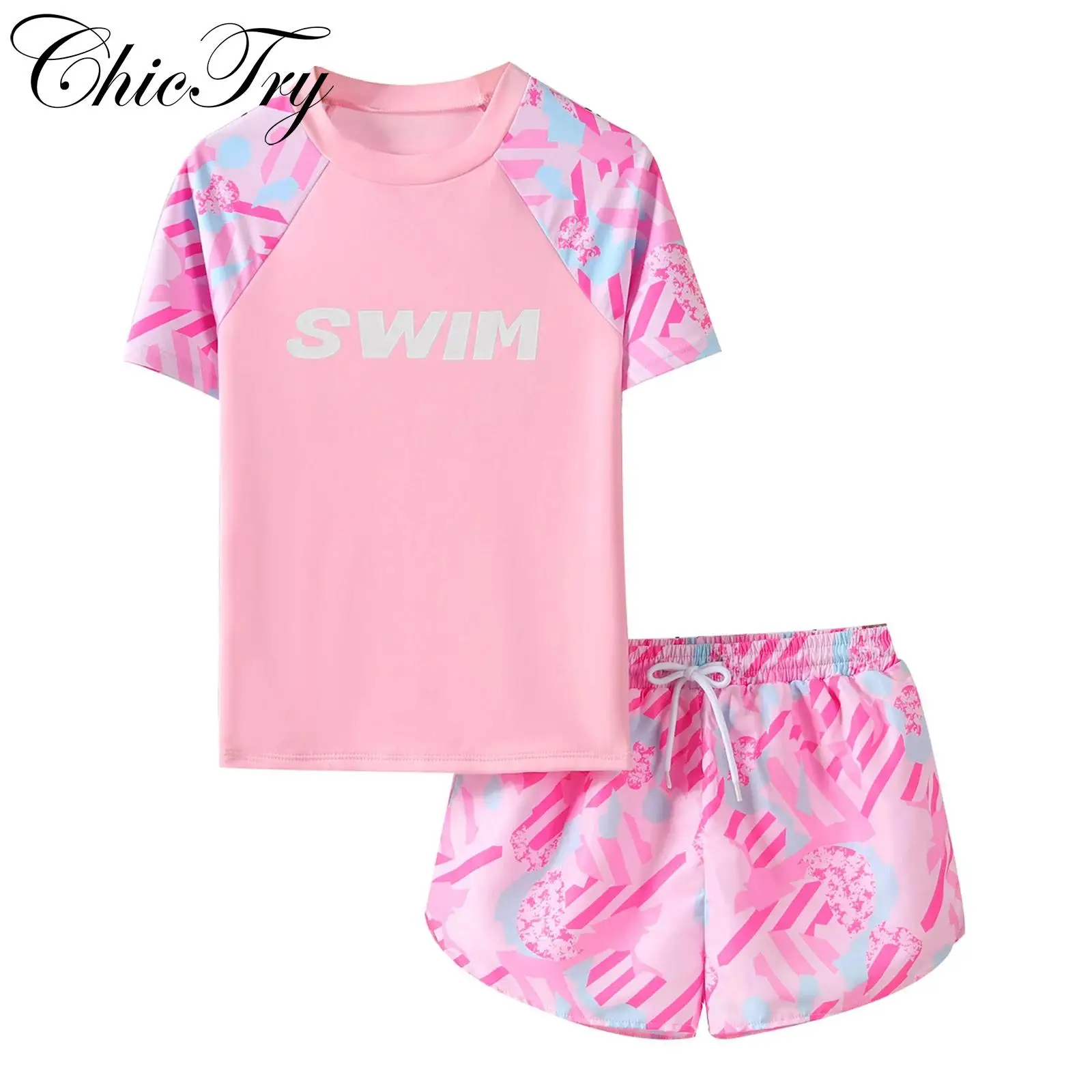 

Kids Girls Swim Sets Rash Guard Color Block Swimsuit Short Sleeve Top with Elastic Waistband Shorts for Swimming Bathing Suits