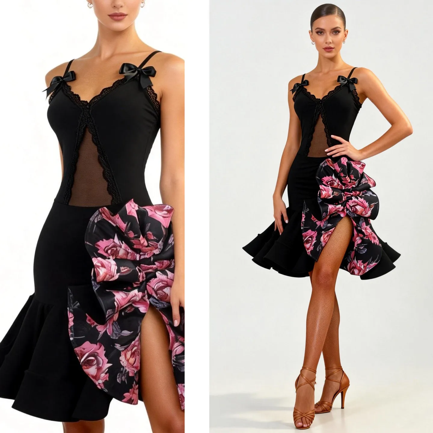 

2026 Women Flower Big Swing Skirt Latin Dance Costume Female Practice Clothes Adult Chacha Rumba Samba Salsa Dance Wear DQL12483