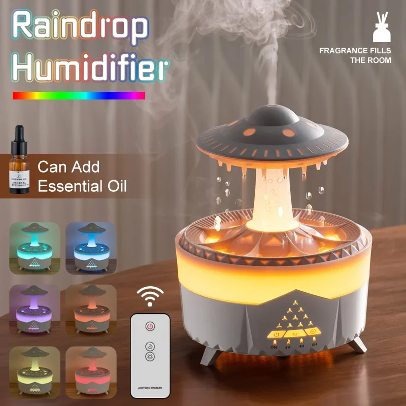 7 Color Raindrop Humidifier Night Light Remote Control Mushroom Humidifier with Water Drip Essential Oil Diffuser for Household