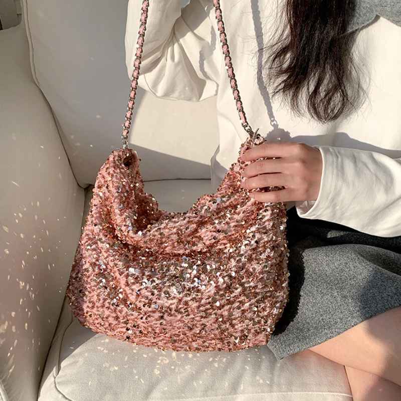 Sequin Tote Bags for Women New Trend Personality All-match Casual Shopping Travel Crossbody Sweet Large Capacity Unique Design