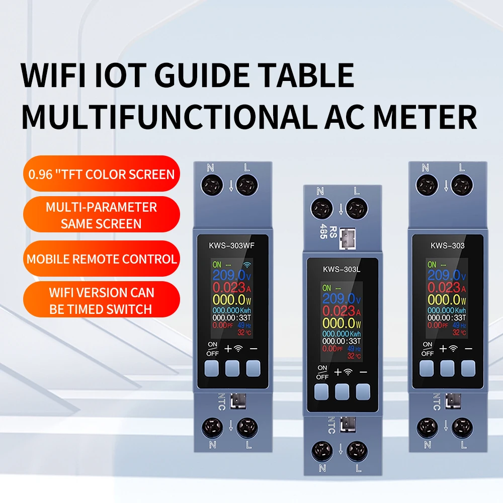 0.96 Inch TFT Screen WIFI Smart Switch Circuit Breaker Energy Meter Multi-function AC Meter Voltage Current Power Meter