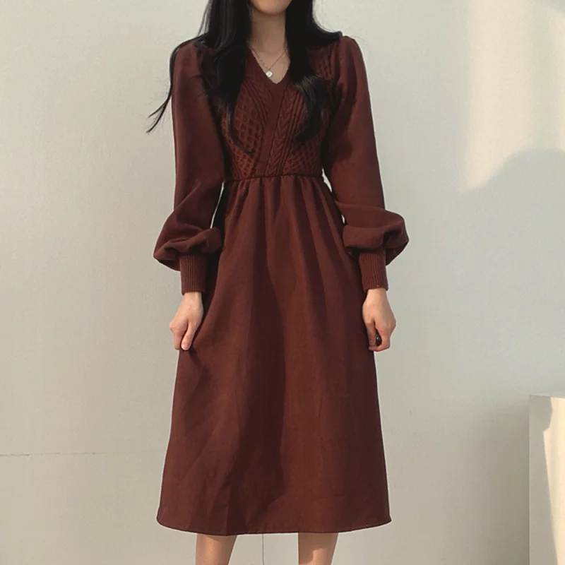 Vintage Autumn Knitted Korean Solid Woman Sweater Dress Women Dresses Thick 2022 Clothing Warm Winter Elegant Apricot Vestido