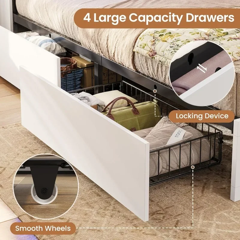 إطار سرير المزرعة بحجم كوين مع لوح رأسي لتخزين خزانة الكتب ومحطة شحن وأضواء LED وإطار سرير كوين خشبي مع 4 #6