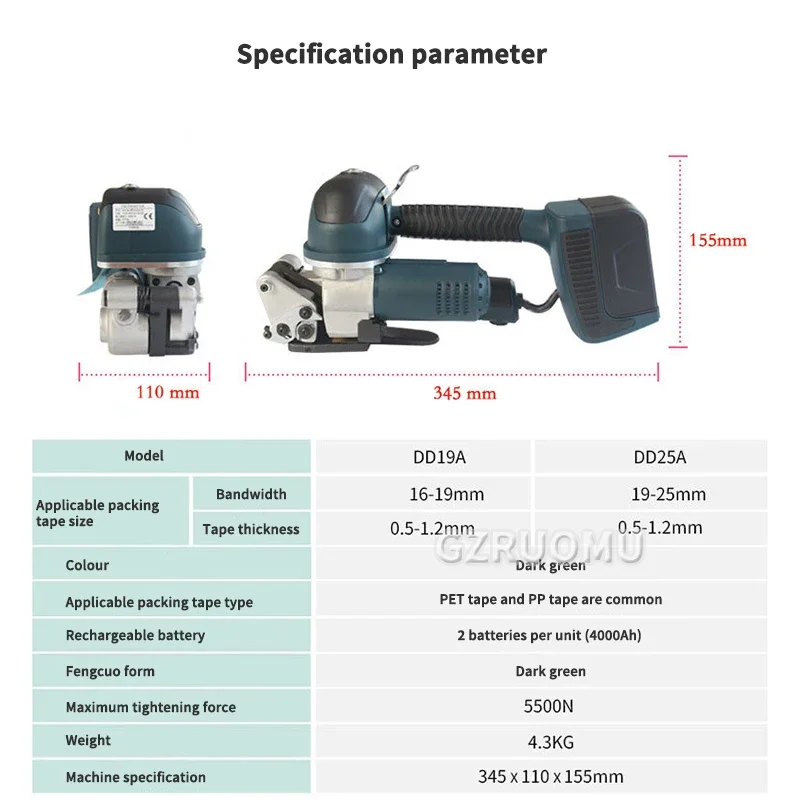 DD19A/25A Electric Battery Strapping Tool Handheld Packing Machine for PP/PET Band Belt Straps Friction Melting