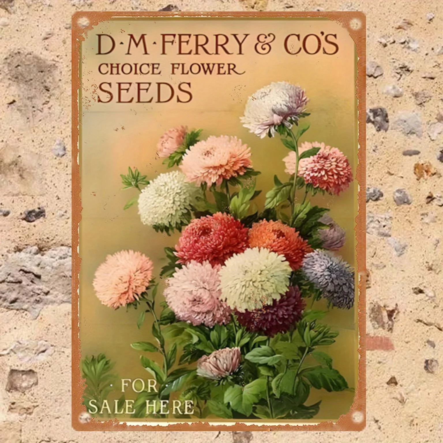 Vintage Metal Sign by D.M. Ferry & Co., Measuring 8 by 12 Inches, Featuring a Rustic Floral Design with Chrysanthemums