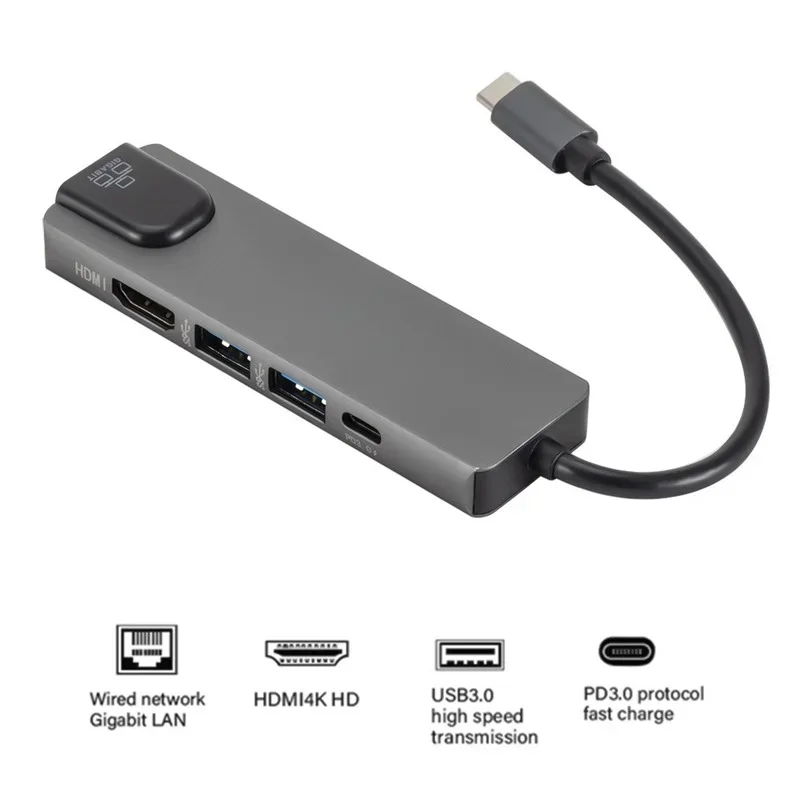 

Адаптер USB-концентратора типа C 5 в 1 для Gigabit Ethernet Rj45 Lan для Mac Book Pro Thunderbolt 3 USB — C Зарядное устройство PD 4K