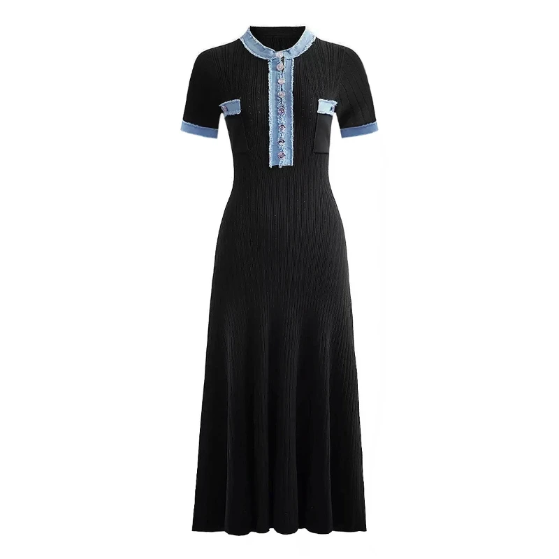 

2025 New Short Sleeve Denim Patchwork Knitted Dress Simple Chic O-neck Long Skirt Sweater Skirt Metal Buttons Bodycon Dresses