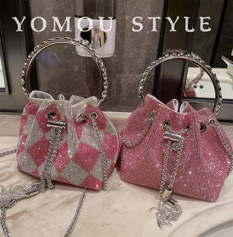 Pink Color Plaid Metal Ring Women Handbag Crystal Shiny Rhinestone Diamond Bucket Purse Evening Bling Bag Shoulder Messenger Bag