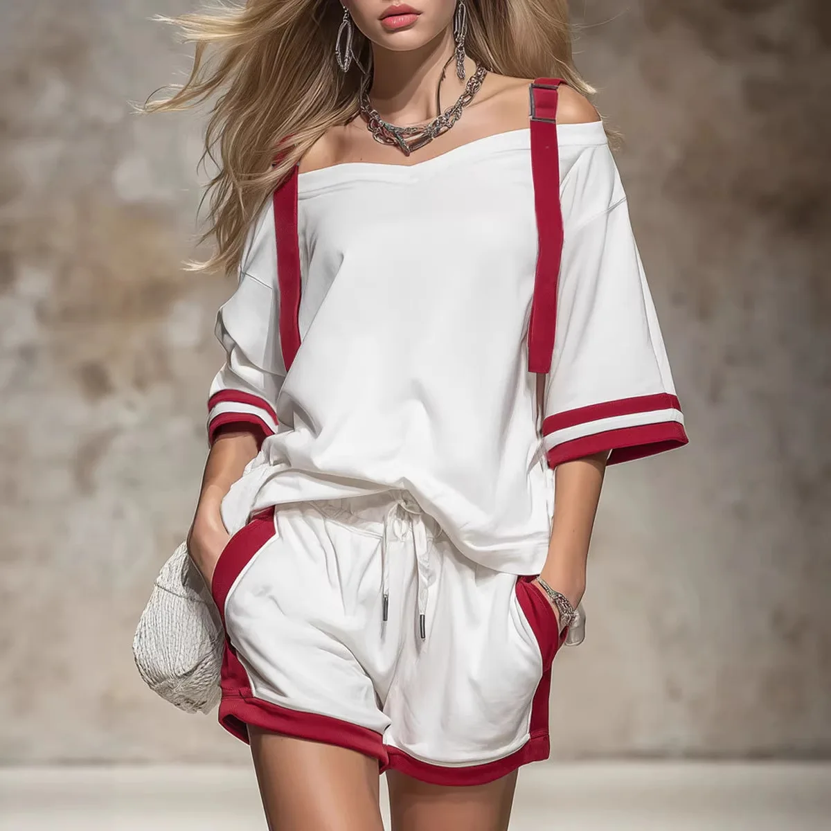 

2026 Fashion Short Sleeved Spring/Summer Women's Set Off Shoulder Top+Shorts Sports And Leisure Two Piece Set