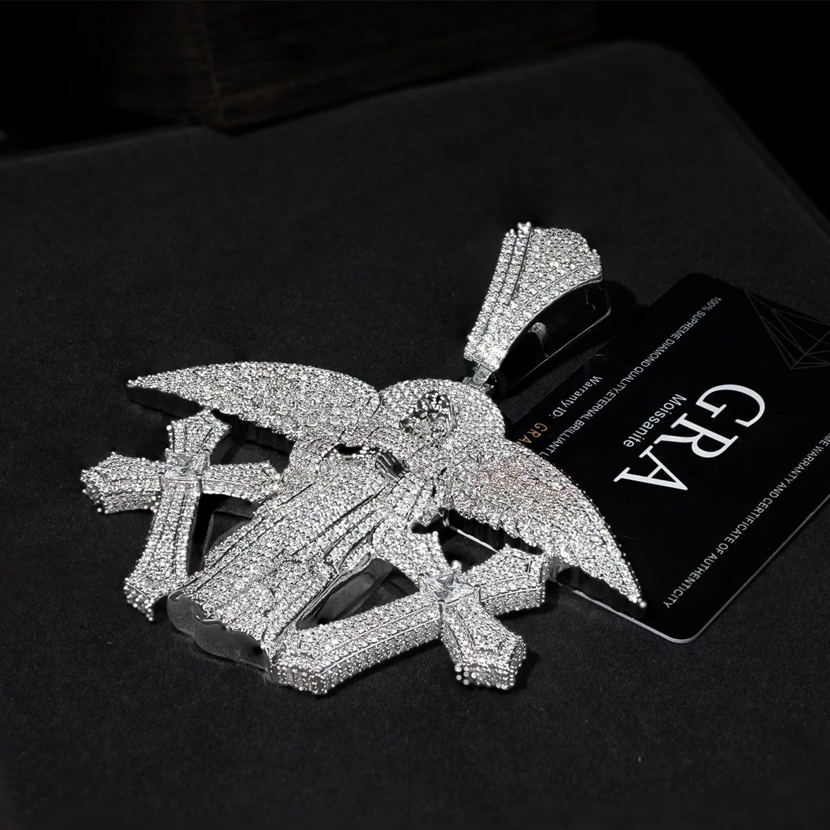 Hip Hop Bold Oversized Statement Necklace Charm For Men Perfect Rap Street Culture Daily Wear Party Gift Fine Jewelry Accessories Iced Out Large Angel With Double Cross Pendant Full Sparkling CZ 18K Gold Plated Divine Protection Faith Religious Jewelry