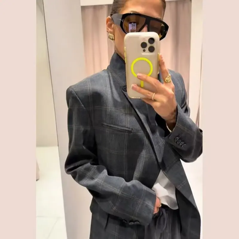 

Women's Fashion Casual Jacket High Street Versatile Stand Collar Plaid Coat Slanted Button Placket Long Sleeves Pockets Outwear