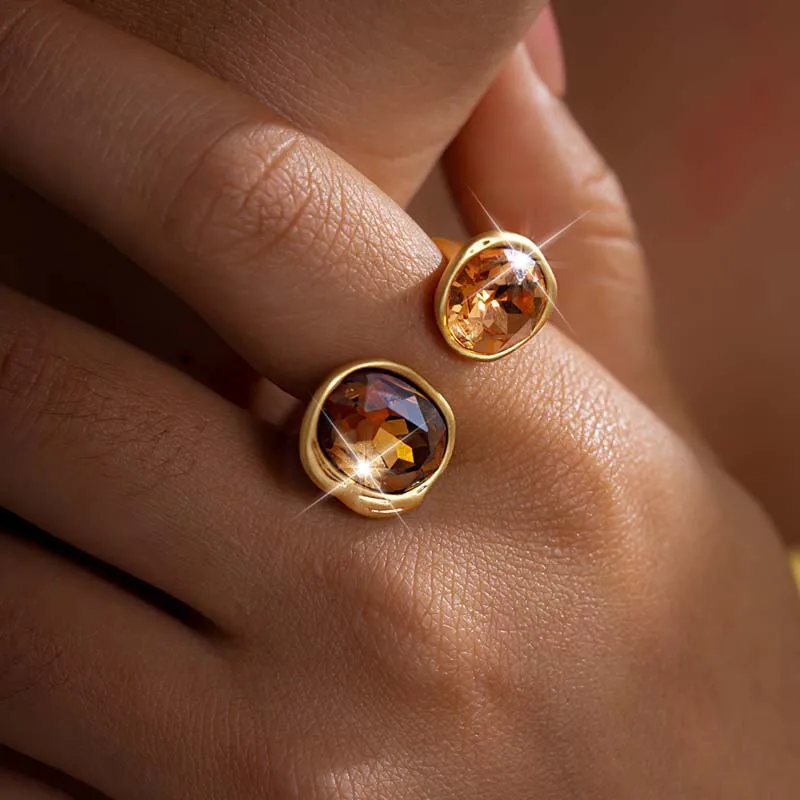 European and American Retro Metal Geometric Rhinestone Contrasting Open Rings For Women‘s Trendy Jewelry Finger Accessorioes