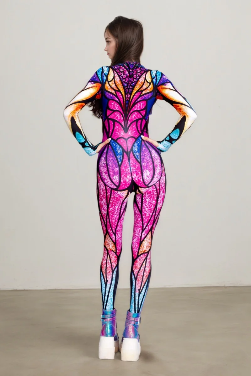 Neuer bunter Schmetterlings-Print-Cosplay-Bodysuit für Damen, Erwachsenen-Halloween-Karnevalsparty-Märchenkostüm, Bühnenkostüm, Zentai-Anzug – Detail 4