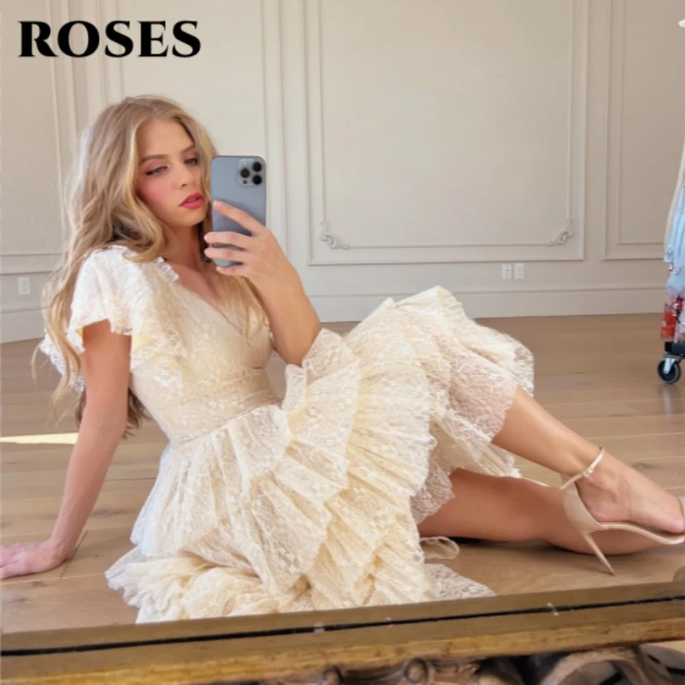 

ROSES Ivory Elegant Prom Dresses Sweetheart Short Sleeve Prom Gown Lace Layered Mid-Calf Ball Gown for Woman 프롬 드레스Customized